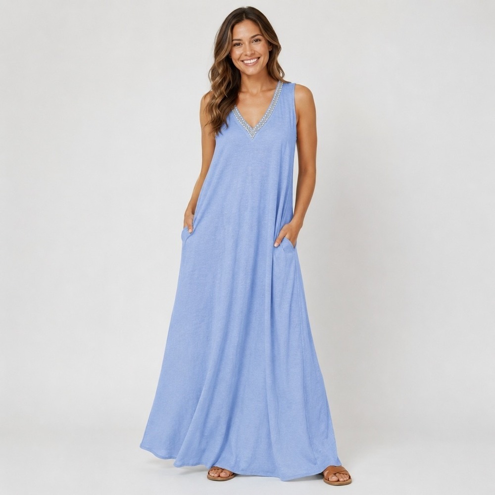 Calypso St Barth Linen Blend Maxi Dress Womens M Blue Beaded Pearl V Neck Resort